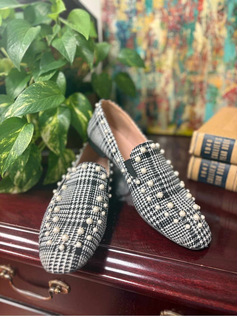 J Crew Janie Pearl-Embellished Houndstooth Loafers - Black & White
